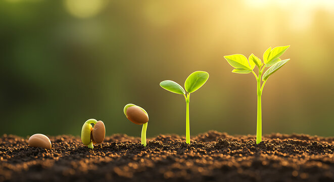 Sequential Stages of Plant Growth From Seed to Sprout, Depicting The Development of Life in Soil Under Bright Sunlight