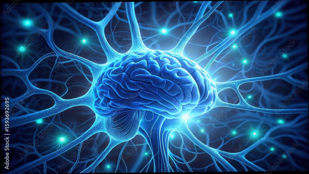 Poster 3d model of neural pathways with illuminated blue elements