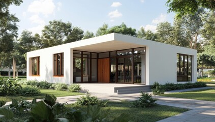 Fototapeta premium Modern white house with large windows and covered porch
