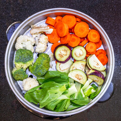 Vegetables in a steamer pan