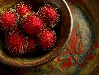 Red rambutan fruits in rustic bowl