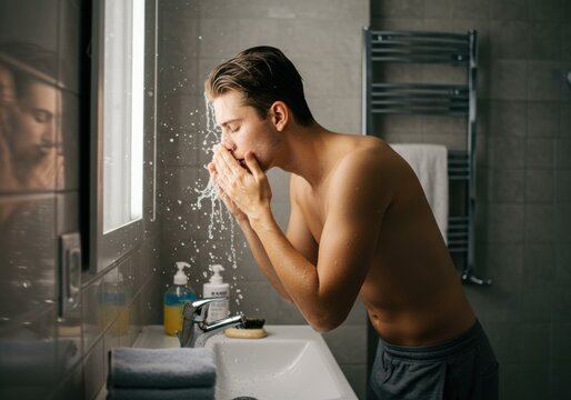 Morning Ritual: A man splashes refreshing water on his face in the modern bathroom, a moment of self-care and personal grooming. The scene is illuminated by natural light, reflecting in the mirror.