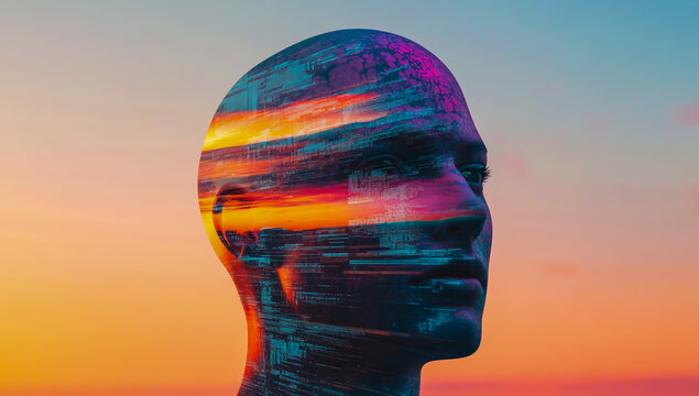 Minimal illustration of a glitched human head, rendered in a glitch art style, set against a vibrant gradient sunset sky backdrop, featuring digital distortion and abstract visual effects.
