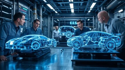 Engineers analyze electric motor prototypes in a high-tech laboratory with a holographic car display. 4k video - Powered by Adobe