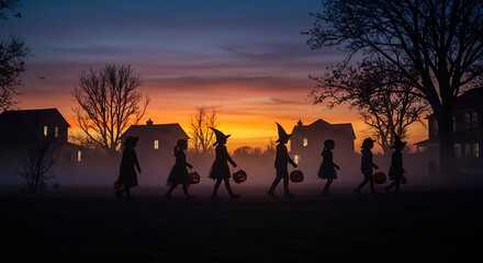 Spooky Silhouette Children Trick-or-Treating on Halloween Night Under a Twilight Sky
