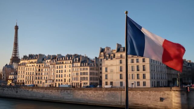 French Flag Waving with Eiffel Tower Paris Cityscape at Sunset