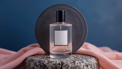 Perfume bottle on display: A sleek glass perfume bottle with a minimalist label sits gracefully atop a textured pedestal, its delicate pink fragrance captured in a studio setting. 