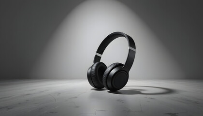 Audio Harmony: A modern, black headphone, illuminated against a subtly-lit backdrop, showcasing its sleek design and immersive sound capabilities.