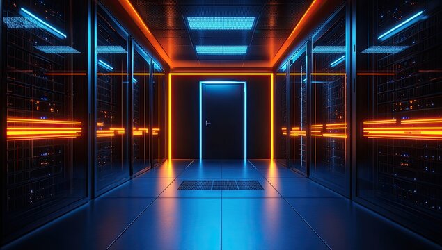 Futuristic server room lit by vibrant neon lights