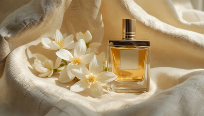Sensual Essence: A perfume bottle resting on a soft satin cloth, delicate flowers next to it. A symbol of elegance and grace. 