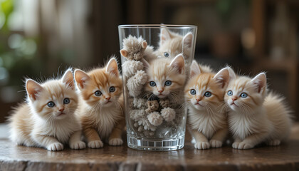 Playful Kittens in Glass: A charming scene showcasing six adorable kittens, each with unique fur patterns, playfully huddled around a clear glass.