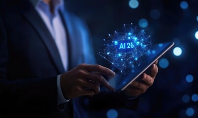 Close-up of person holding tablet, AI26 graphic overlay