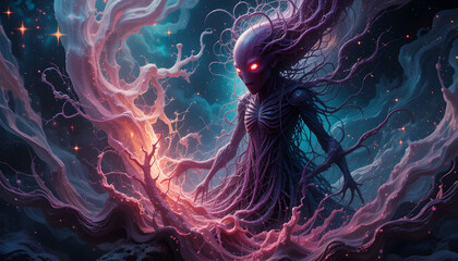 Otherworldly Being in Abstract Nebula: An alien being with piercing red eyes emerges from a swirling nebula, its otherworldly form blending with cosmic energies, surrounded by ethereal hues of pink.