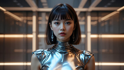 Futuristic Fashion: A portrait of a woman in futuristic attire with metallic silver and elegant short hair stands tall, exuding confidence in a stark setting.