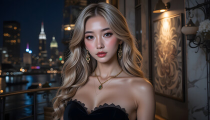 Elegant Woman with City Lights: A captivating woman stands gracefully in an elegant space, the shimmering city lights form a stunning backdrop to her beauty, conveying sophistication, allure.