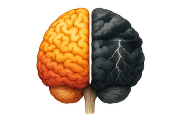 Anatomical illustration contrasting healthy orange brain hemisphere with damaged, lightning-struck dark side on transparent background