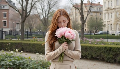 Blissful Bouquet: A woman with fiery red hair, delicately holds a bouquet of lush peonies, inhaling their captivating fragrance, capturing the essence of spring and beauty.