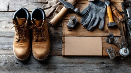Work tools and sturdy boots arranged on a weathered wooden surface.