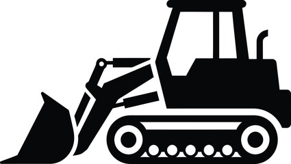 Naklejka premium Silhouette of a construction bulldozer, showing its bucket and tracks, in black and white.