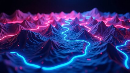 Obraz premium Abstract Neon Landscape Pink Blue Glowing Lines Mountains