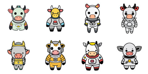 Fototapeta premium Multiple vector illustrations of cow in space suits drawn in doodle-like style