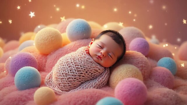 Lullaby Background of a Newborn Baby Sleeping in Soft Pastel Color Balls

