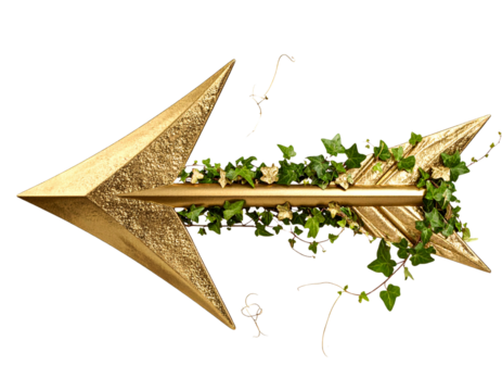 A - Golden Arrow with Ivy Leaves Intertwined, Side Perspective, Transparent PNG”