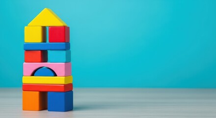 Photo of a tall tower made of colorful wooden building blocks against a bright blue background