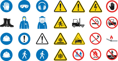 Illustration of various safety signs and symbols on a white background