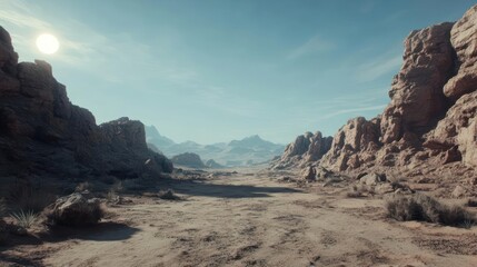 Obraz premium Serene Desert Vista with Rocky Outcrops and Distant Mountains