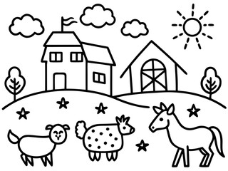 Simple farm scene with animals and buildings for coloring