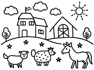 Gardinen Simple farm scene with animals and buildings for coloring © Morjina