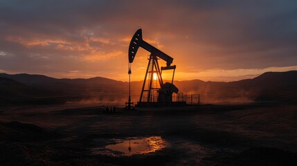 Silhouette of Oil Pump Jack at Dramatic Sunset