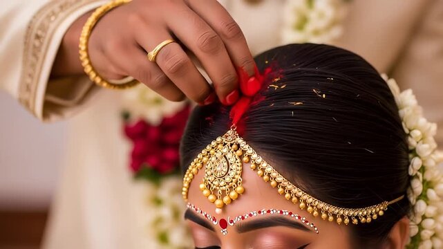 Application of red sindoor on bride’s forehead in Hindu wedding ceremony