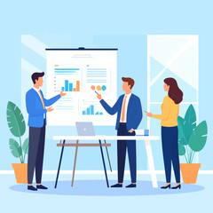 Fototapeta premium Three business professionals presenting data and charts during a meeting in a bright office.