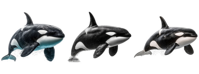 Three Orcas Jumping in Clear Water with Transparent Background