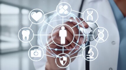 Close Up of Dark Skinned Doctor Holding Stethoscope with Digital Medical Icons Overlaying Patient Care and Health in Brightly Lit Hospital Hallway - Powered by Adobe