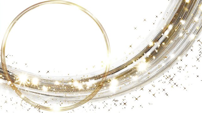 Abstract swirl of gold and white light streaks, incorporating a circular frame, sparkles, and a sense of motion against a white background