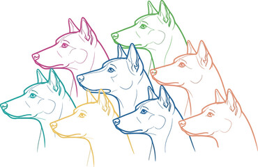 Colorful outline drawing of several dogs heads in a stacked formation