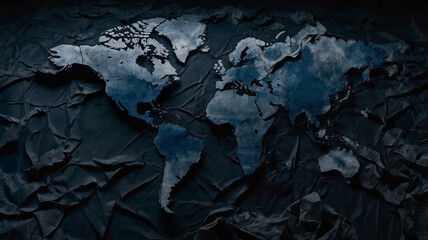 World map rendered in a textured, dark blue and gray medium, creating a dimensional, abstract representation of the continents.