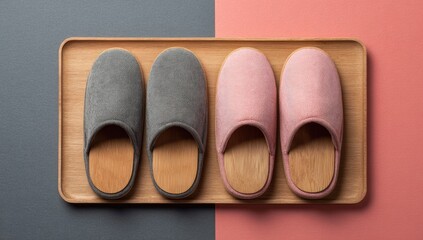 Gray and pink slipper pair on a light wood tray