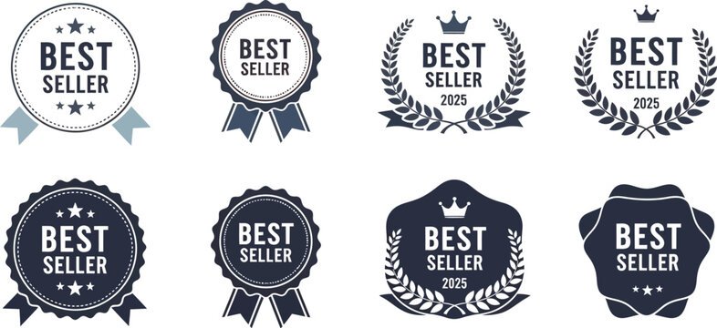 Collection of best seller badges with different designs and shapes
