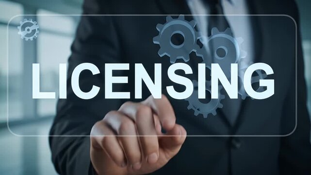 Man in Dark Suit Touches Licensing Text on Transparent Interface with Gears in a Bright Office Space Business Concept