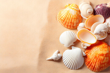 Colorful seashells on sandy beach background with space for text
