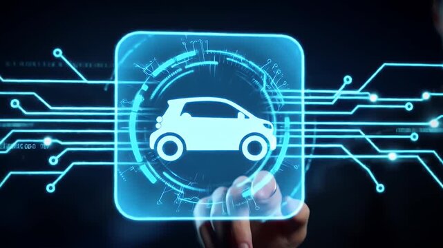 Person Touches Glowing Blue Electric Car Icon on Futuristic Digital Interface with Circuit Board Pattern and Dark Background for Adobe Stock
