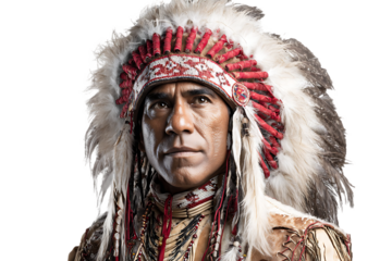 Portrait of Native American man in traditional headdress.