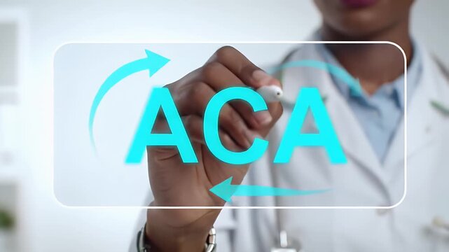 Female Doctor in White Coat Writing ACA with Blue Marker on Transparent Screen in Brightly Lit Room Shows Healthcare Concept