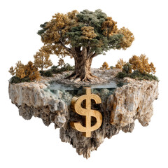 Tree on Floating Island with Dollar Sign Symbolizing Wealth and Nature