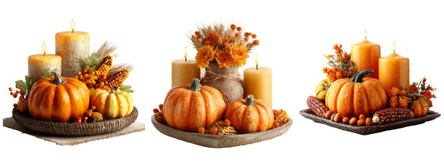 Autumn Decorative Centerpieces with Pumpkins and Candles Display