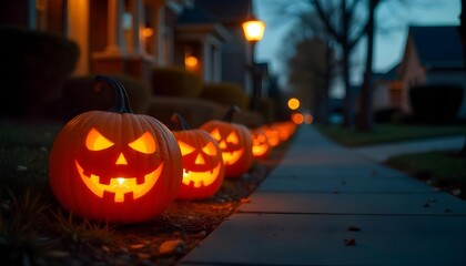 Fototapeta premium A street filled with jack-o'-lanterns and haunted houses, shrouded in fog, capturing the essence of Halloween night